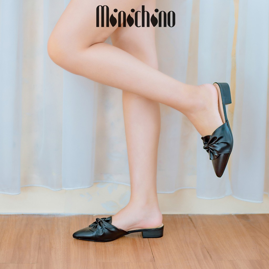 Giày sục nữ gót cao 3cm MINICHINO xoắn nơ mũi nhọn thời trang hở gót màu đen TC019 | BigBuy360 - bigbuy360.vn