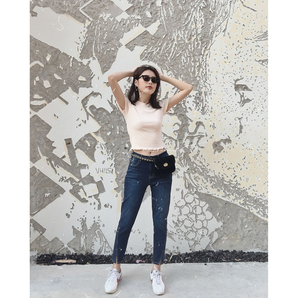 Quần boy jeans xẻ lai (Xanh đậm/trung) - FF05