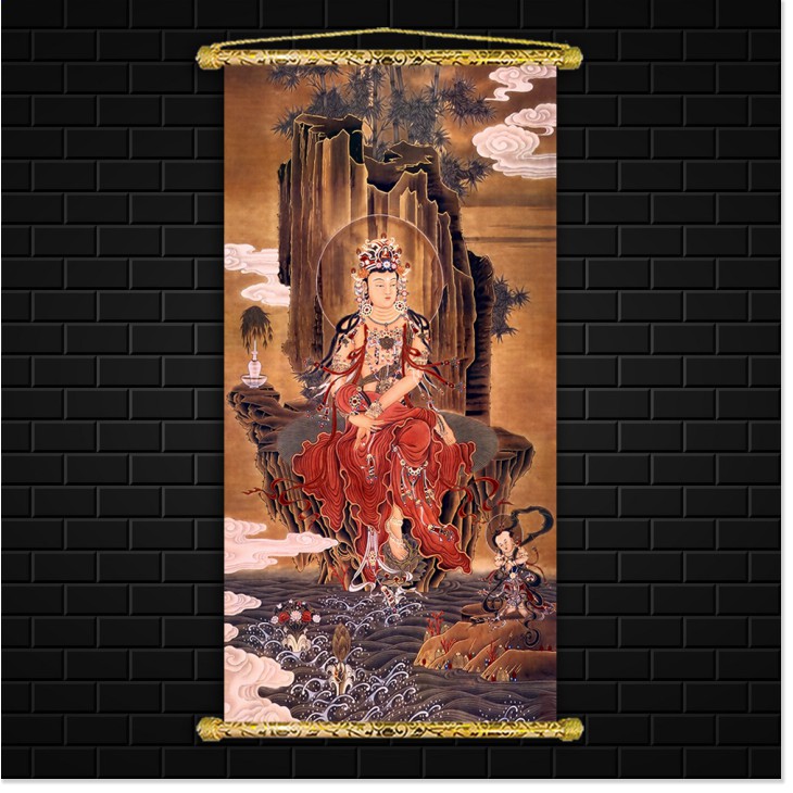 Tranh Liễn Phật Giáo - Quan Thế Âm Bồ Tát – Vải canvas kim tuyến nẹp sáo gỗ tự nhiên nhiều size nhiều mẫu thiết kế