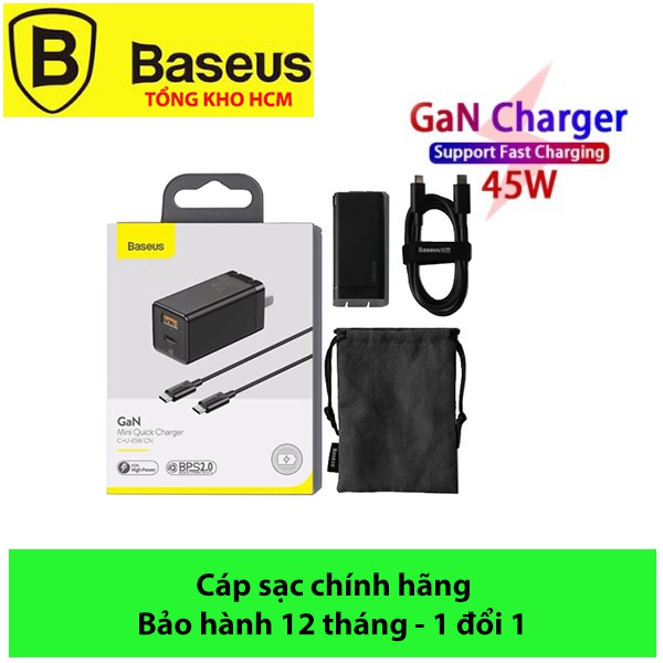 Cốc sạc Baseus , Củ sạc nhanh đa năng siêu nhỏ gọn Baseus GaN2 Mini Quick Charger C+U 45W dùng cho Smartphone, Laptop...