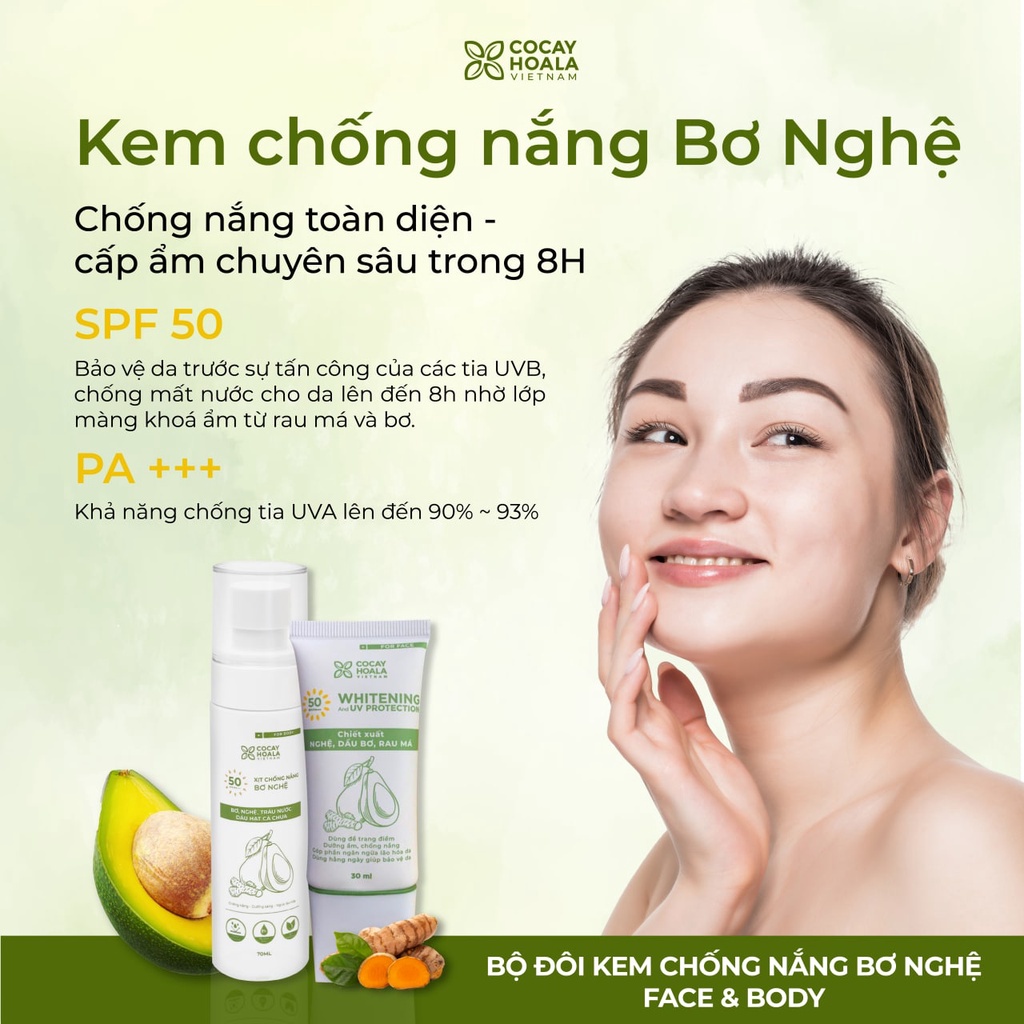 Combo Kem chống nắng toàn thân Bơ Nghệ Cỏ Cây Hoa Lá SPF50/PA+++ Nâng tone - Dưỡng da