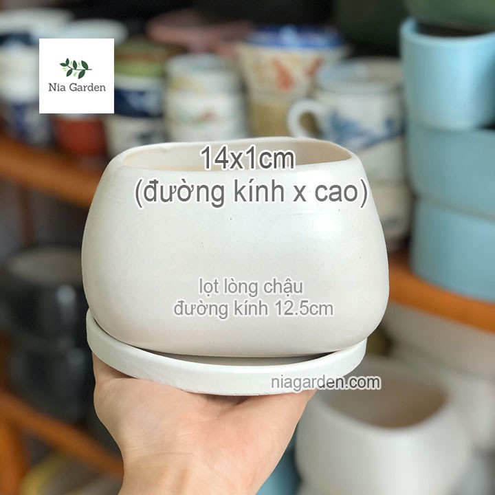 Dĩa lót chậu cây men trắng tròn 14cm dùng cho chậu cây văn phòng Nia Garden N6