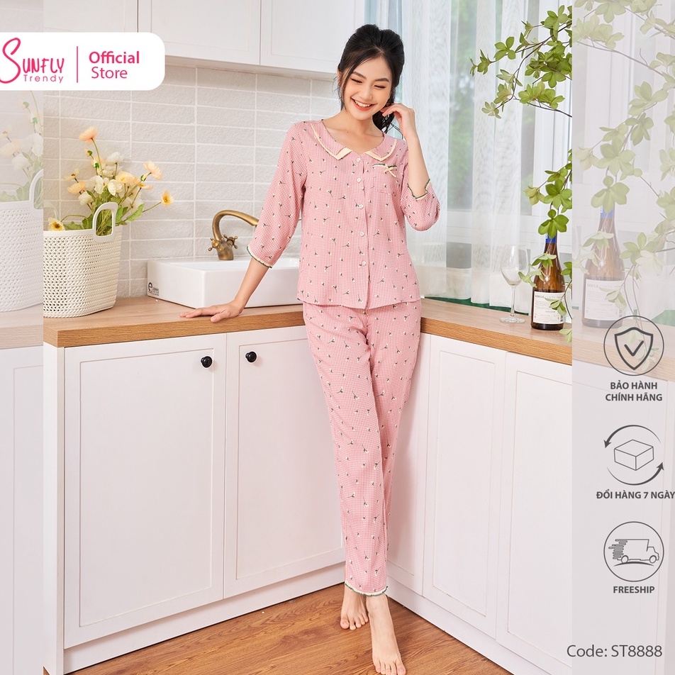 Bộ đồ mặc nhà nữ pijamas  kate SUNFLY áo tay lỡ cổ sen, quần dài ST8888