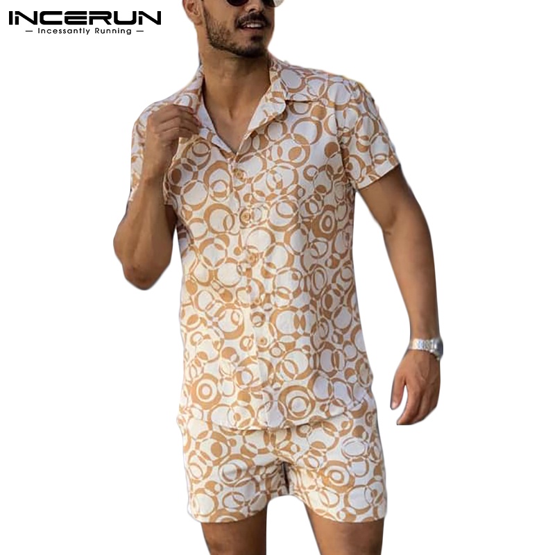 Set đồ 2 món INCERUN gồm áo sơ mi ngắn tay in họa tiết độc đáo + quần short thiết kế dáng rộng cho nam