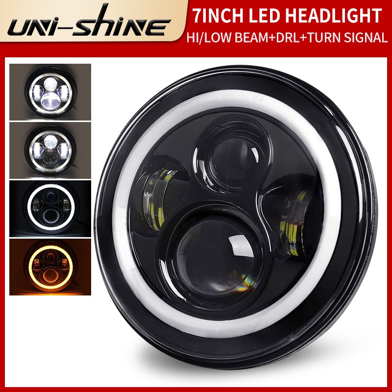 UNI-SHINE 7inch LED Headlight 80W DRL Halo Angle Eyes Led Headlamp 12V 24V High Low Turn Signal for Offroad 4x4