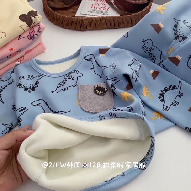 Bộ Nỉ Cotton Xuất Hàn Bên Trong Lót Lông Dày Ấm Cho Bé Trai Bé Gái Size 90-120