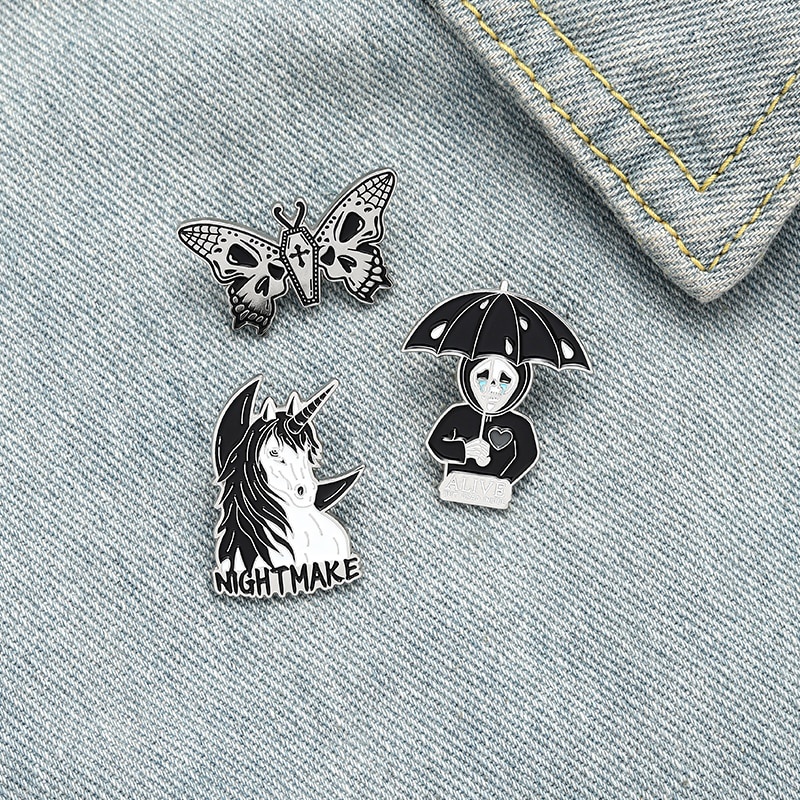 Nightmare Enamel Pin Custom Horse Umbrella Skeleton Butterfly Brooch Bag Clothes Lapel Pin Gothic Badge Jewelry Gift for Friends