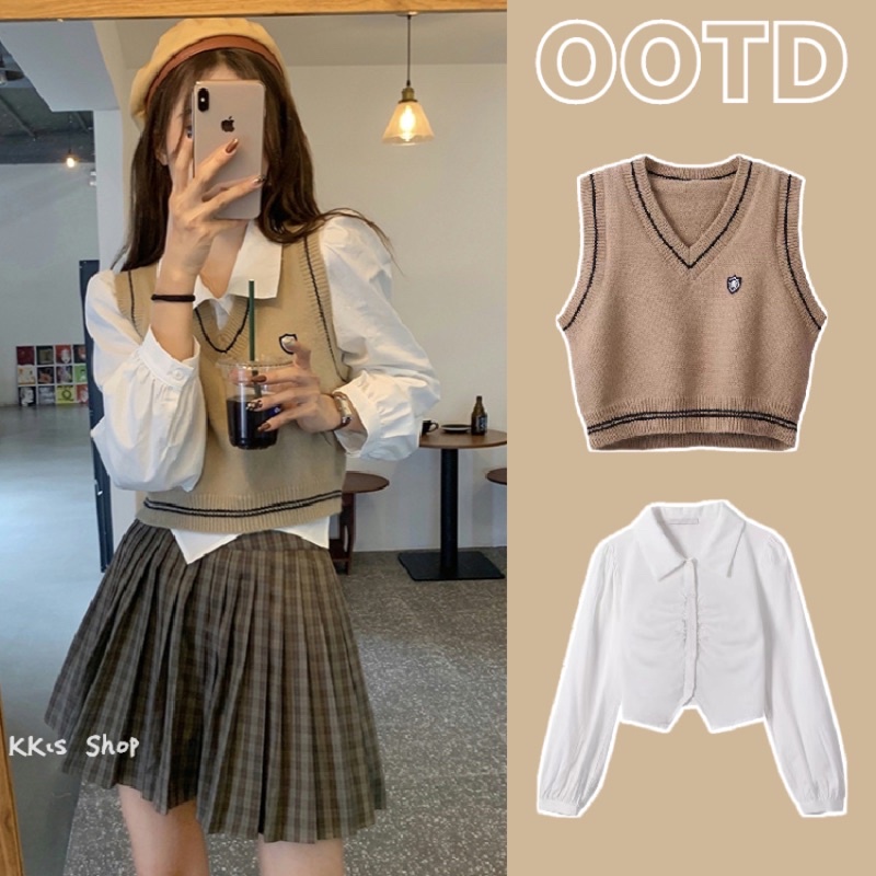 Set Áo Gile Nữ Cổ V Màu Nâu Be Trắng Ghi Đen Không Tay Sát Nách Dáng Ngắn Ôm Phong Cách Hàn Quốc Loại 1 Có Logo Thêu