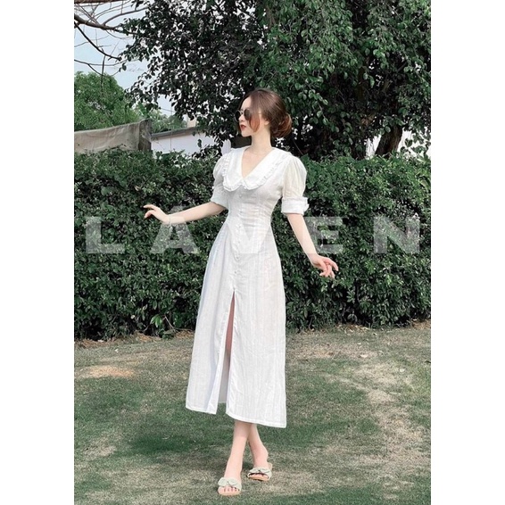 Đầm dáng dài cổ bèo lớn chất đũi