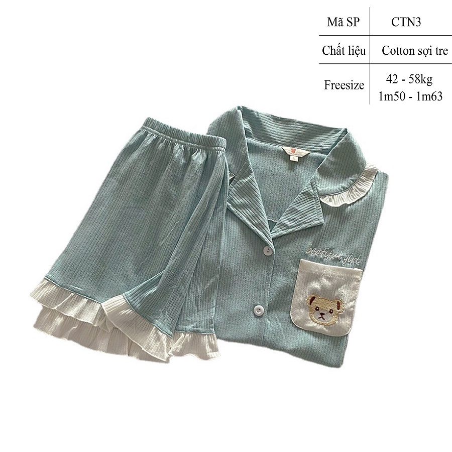 Đồ bộ nữ mặc nhà pijama tay ngắn cotton sợi tre cao cấp viền bèo dễ thương - CTN3