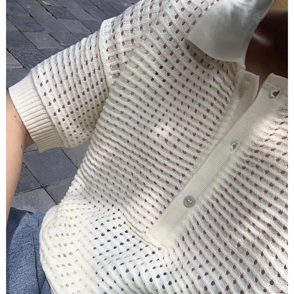 Áo polo lưới phong cách Hàn Quốc chất liệu len mềm phù hợp phối với quần jeans chân váy Wepretty Clothes AH10