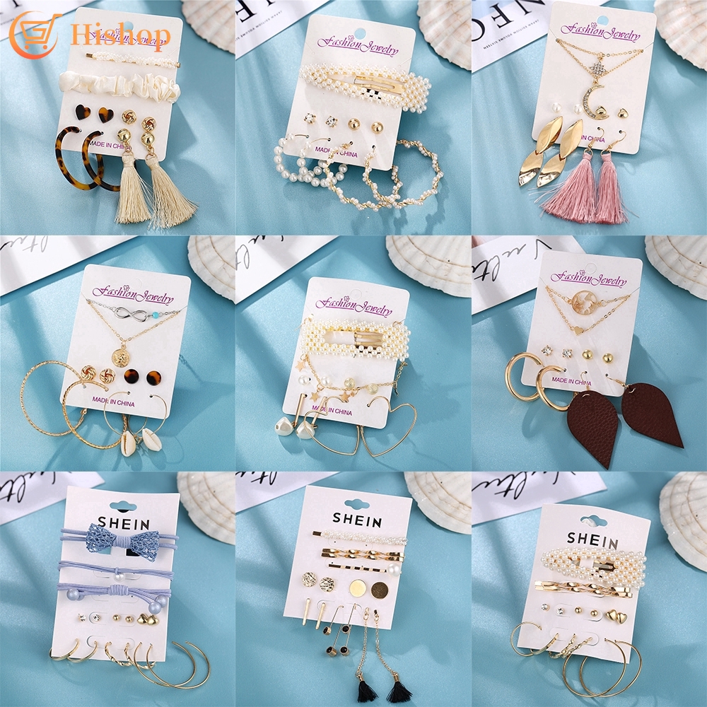 Bộ Dây Chuyền + Khuyên Tai + Kẹp Tóc Hishop Đính Ngọc Trai Nhân Tạo Cho Nữ