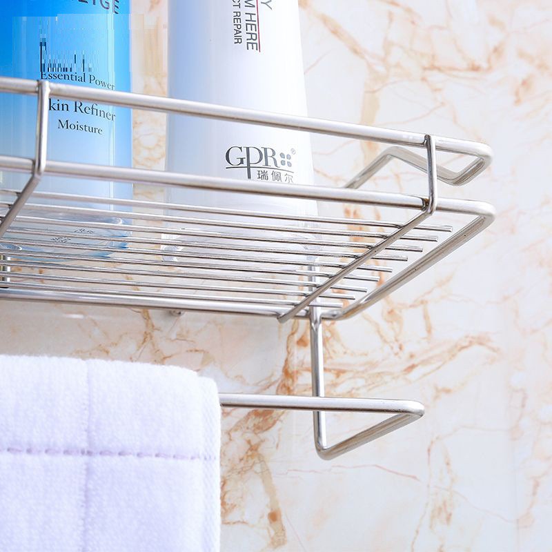 Kệ đựng mỹ phẩm treo tường, Kệ hình chữ nhật góc Inox 304 dán tường nhà tắm kèm Móc treo khăn (MP04)