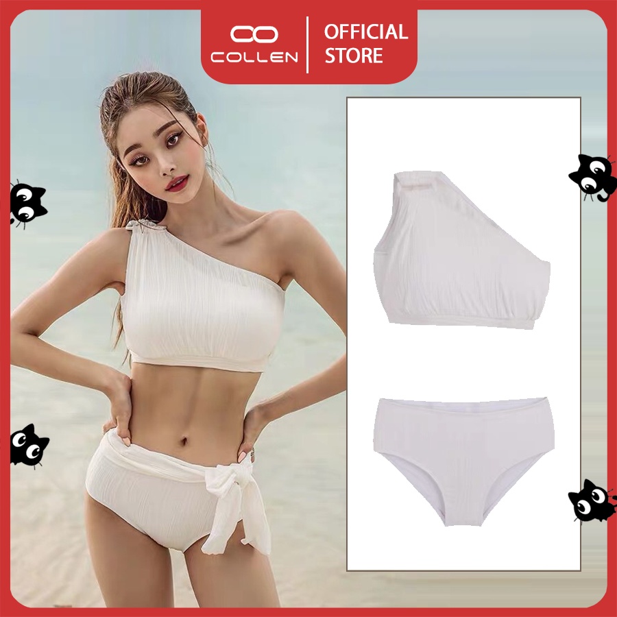 Áo tắm biển nữ 2 mảnh hở vai phong cách hàn quốc sexy , màu trắng sữa COLLENLIFE