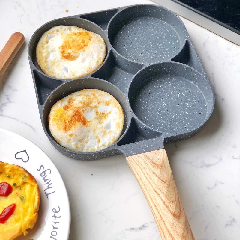 Chảo đá chiên trứng 4 ngăn, chảo làm bánh chia ngăn chia ô cán gỗ dùng được bếp từ