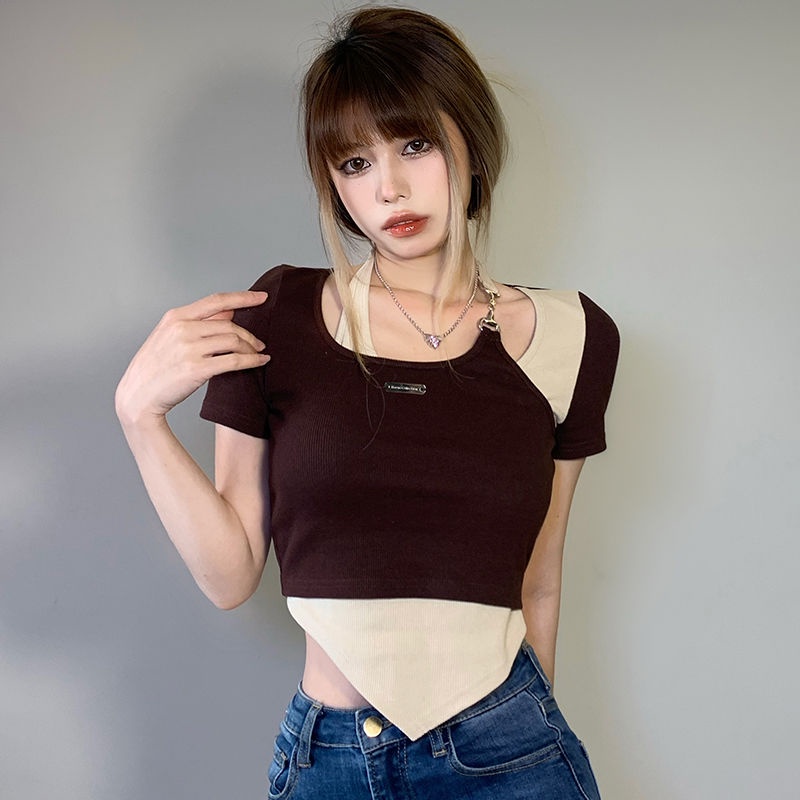 Áo thun JSC ngắn tay ôm dáng giả hai lớp phối dây xích thiết kế không đều màu tương phản thời trang