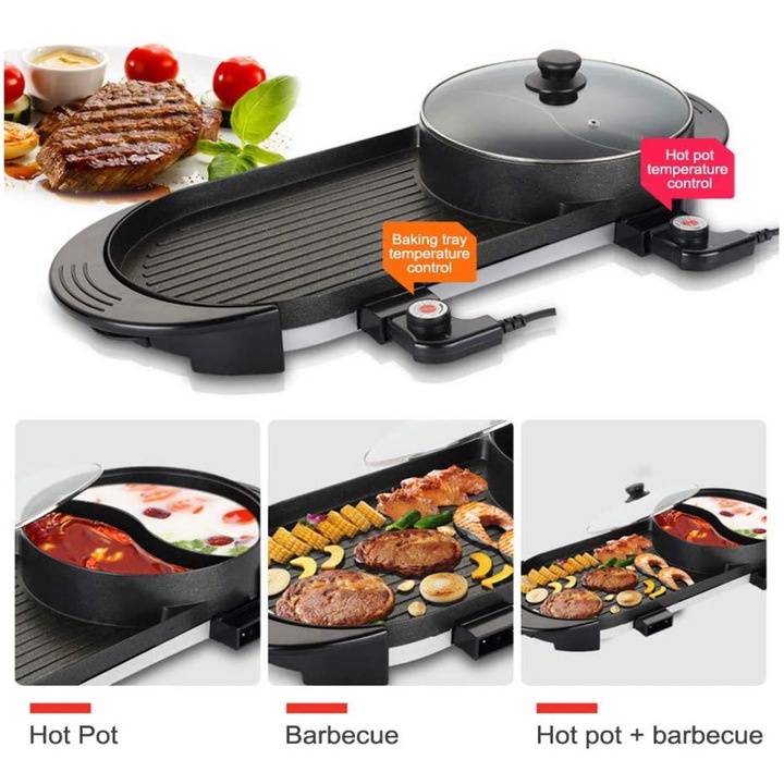 Bếp lẩu nướng điện đa năng kết hợp 2 trong 1 chống dính, công suất 2200W, Electric Grill with Hot Pot