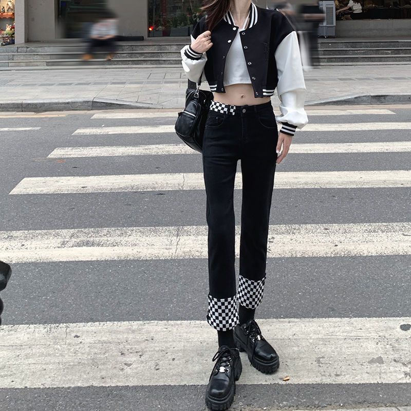 Jiashucheng Quần Jean Dài Tới Mắt Cá Chân Dáng Ôm Lưng Cao Ghép Mảnh Ghép Nối Thiết Kế Ca Rô Nhỏ Dễ Phối Đồ Cho Nữ