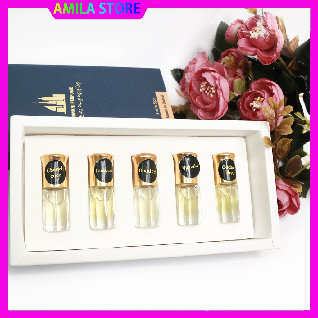 Set 5 chai tinh dầu nước hoa 💕AMILA💕Set 5 chai tinh dầu dubai mini dạng lăn 5ml thơm lâu quyến rũ sang trọng