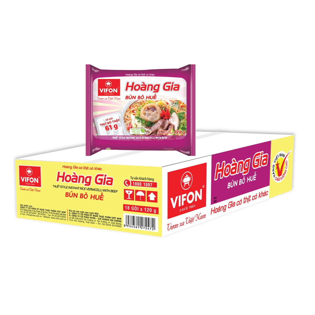 Thùng 18 Gói Bún Bò Huế Hoàng Gia Có Túi Thịt Thật VIFON 120g/Gói | BigBuy360 - bigbuy360.vn