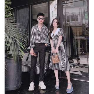 Sét áo đôi sơ mi kẻ, áo váy đôi thiết kế