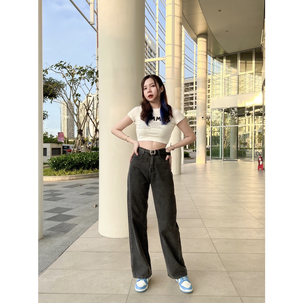 Quần Jean Ống Rộng Lưng Siêu Cao 2 Màu Xám Đen