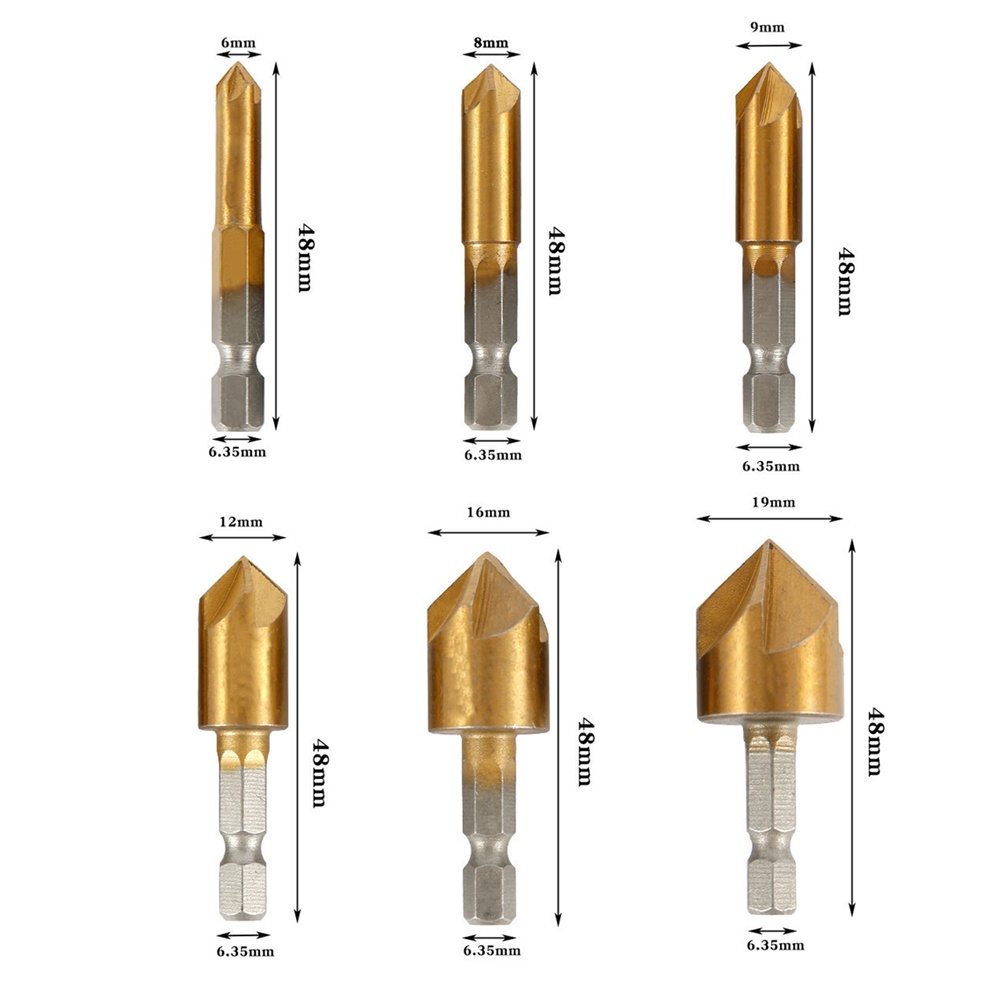 Bộ 6 dụng cụ vát mép gỗ 90 độ HSS DIYMORE 6 trong 1 6-8-9-12-16-19mm mạ titan có chuôi hình lục giác 1/4''