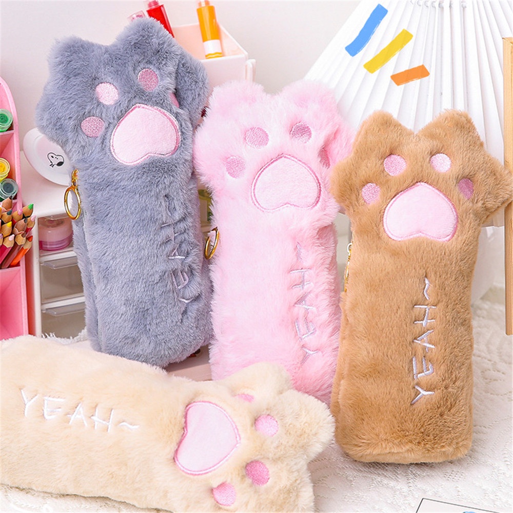 Túi Đựng Bút/ Mỹ Phẩm Hình Chân Mèo Phủ Lông Dễ Thương Sức Chứa Lớn Tiện Dụng Cho Trường Học/ Văn Phòng