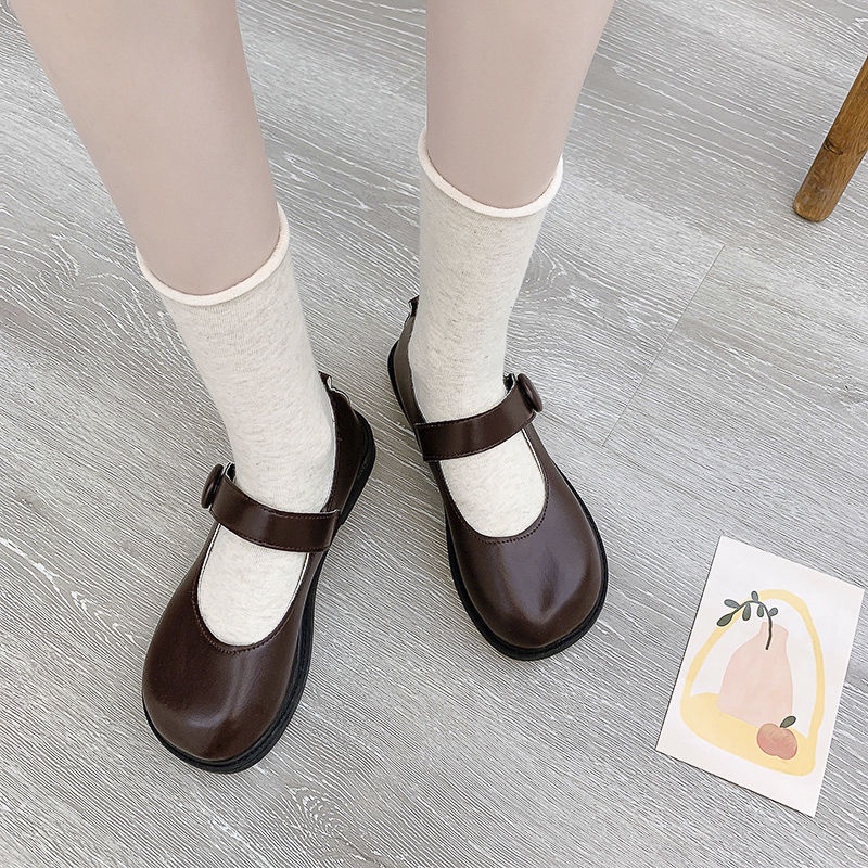 Giày búp bê nữ mũi tròn 3 màu đen, be và nâu cài quai phong cách Hàn Quốc