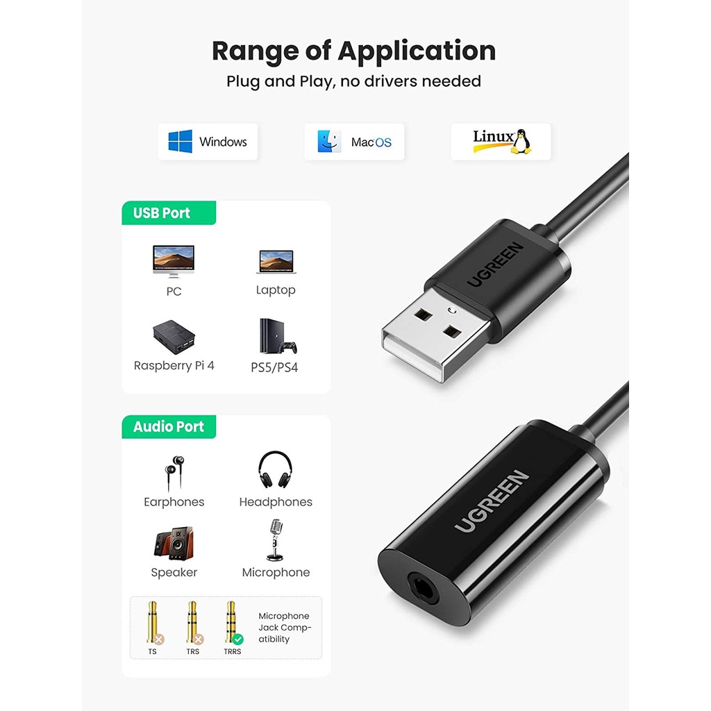 Bộ chuyển đổi giắc cắm USB sang 3.5mm UGREEN US206 10330 - Hàng Chính Hãng - Bảo Hành 18 Tháng