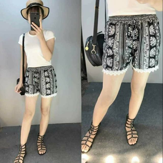 Quần Đùi Nữ_Quần Đùi Lanh Thổ Cẩm Chân Ren Hàng Bigsize
