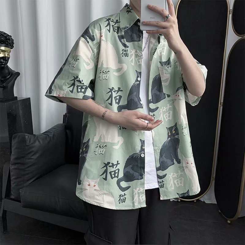 Real shot spot summer urban trend all-match loose casual fashion personality printing design casual short-sleeved shirt