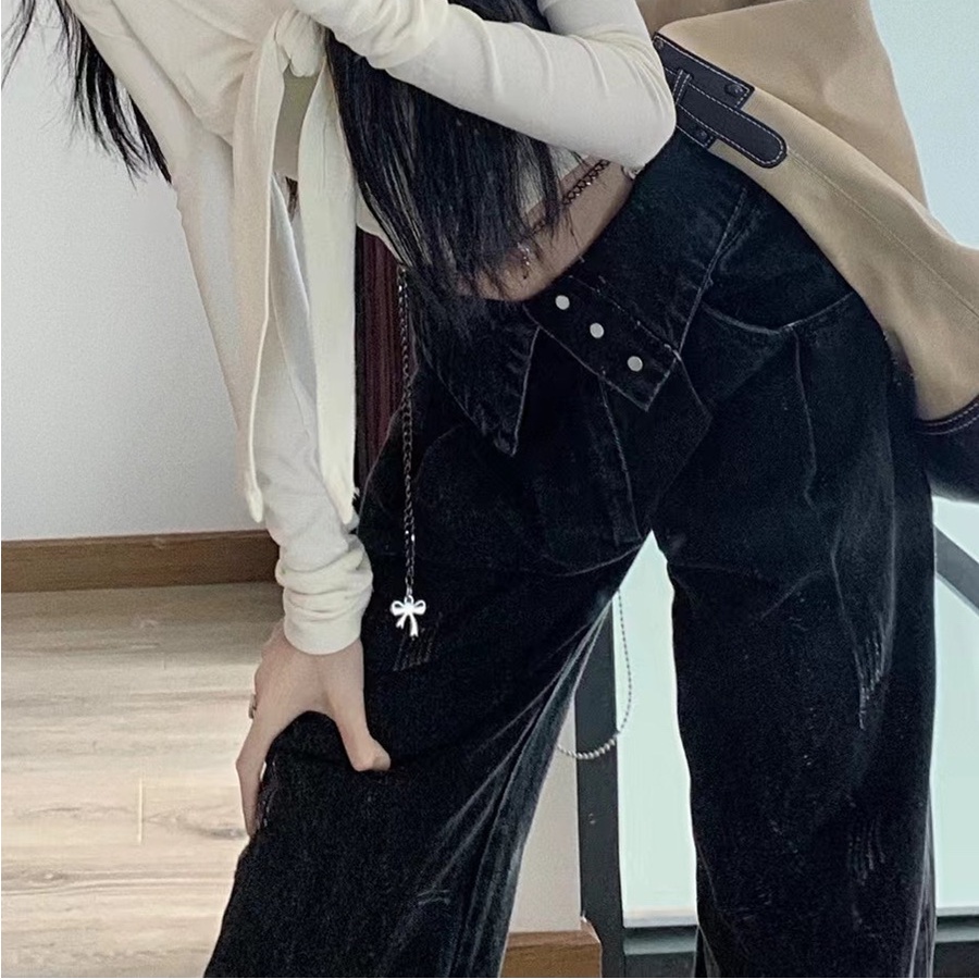 Quần Jeans Đen Lưng Cao Ống Rộng Thời Trang Mùa Hè Cho Nữ