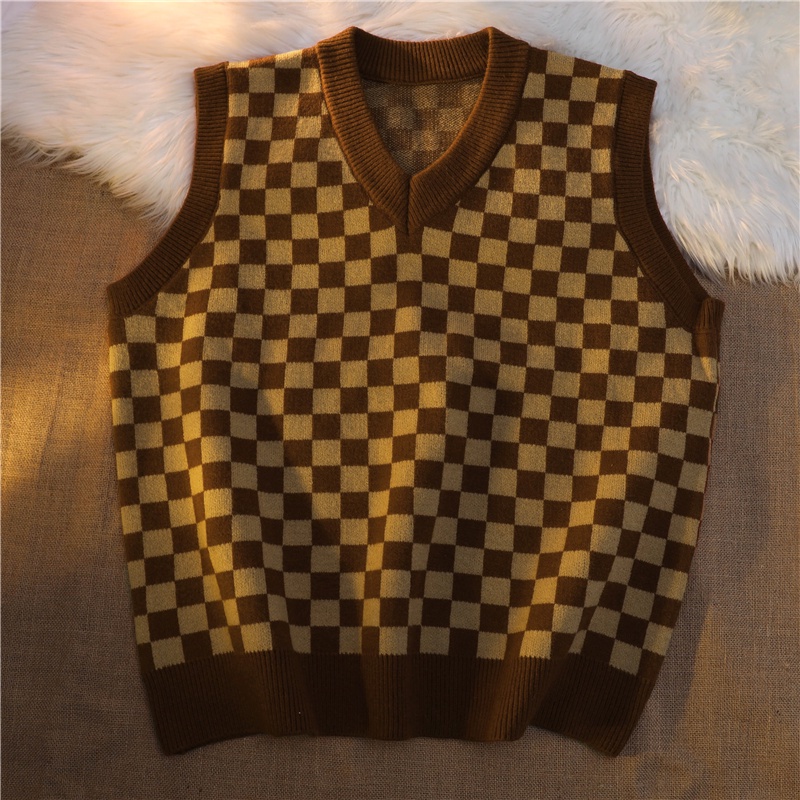 Áo len không tay dáng rộng họa tiết sọc caro thời trang Hàn quốc