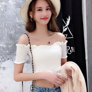 Áo Croptop dệt kim tay ngắn thiết kế trễ vai quyến rũ