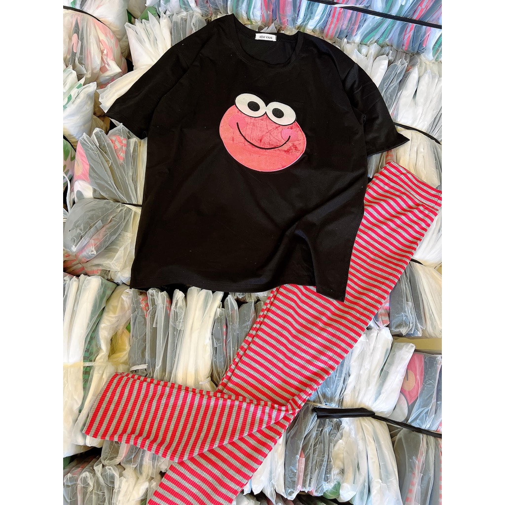Đồ bộ nữ, set đồ bộ quần legging nữ đai cao vải thun gân borip, áo thun ngắn tay form rộng thêu ếch, đồ mặc ở nhà nữ