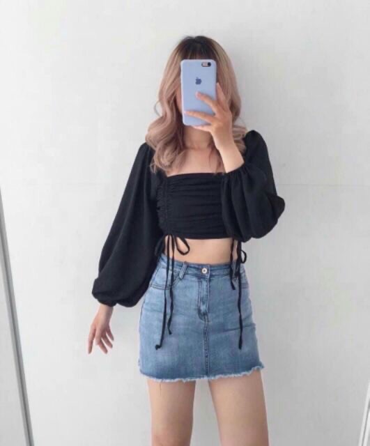 Áo kiểu croptop dây rút 6 màu siêu hot hit LIKANO CRT78