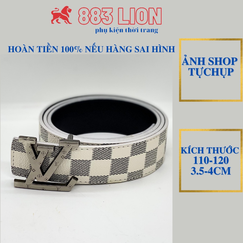 Thắt Lưng Nam LV Kẻ Caro Đen Trắng Mặt LV Bạc Có Chữ Hàng Cao Cấp Dây Da Mềm Tổng Hợp