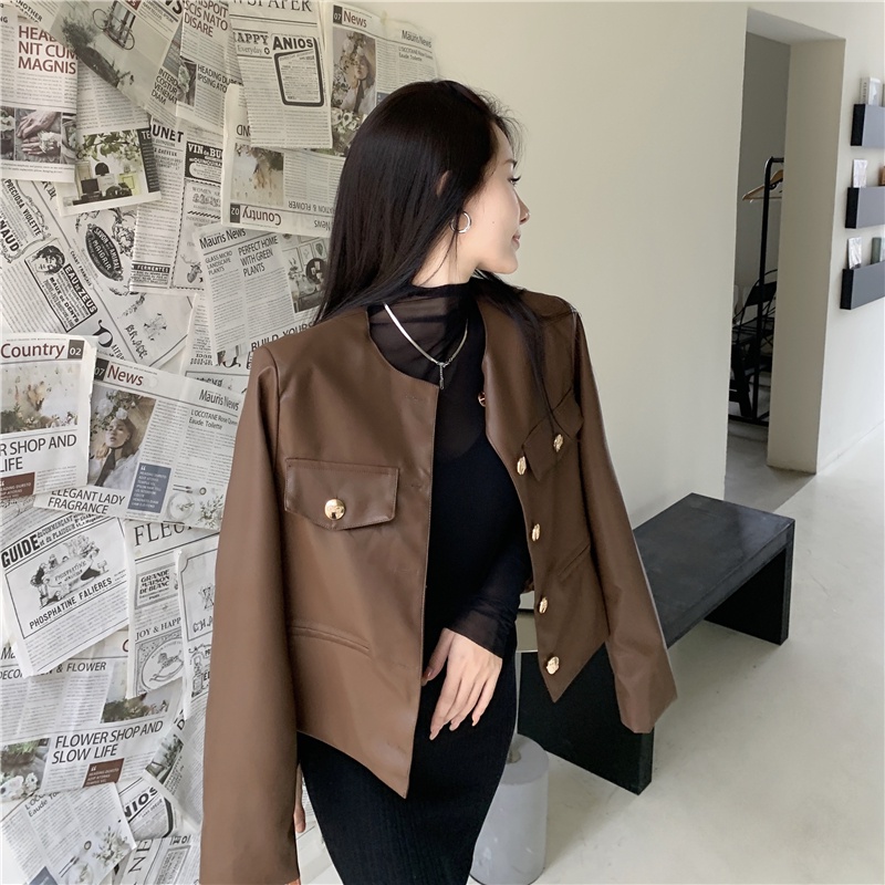 AD4_ Áo khoác da nữ màu nâu không cổ sang chảnh Hàn Quốc