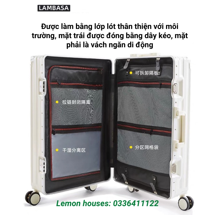 Vali du lịch khung nhôm khóa sập kèm chức năng sạc, đựng bình nước, chống va đập