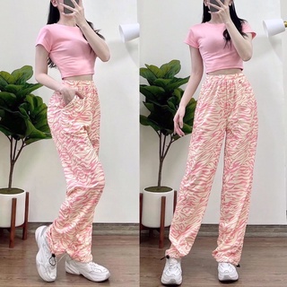 SetÁo croptop trơn body + long pant 3D / combo aó croptop + quần ống suông rộng họa tiết