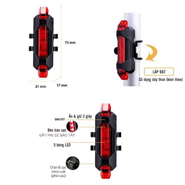 Đèn hậu xe đạp 3 mắt đèn led gắn sau xe cảnh báo an toàn ban đêm