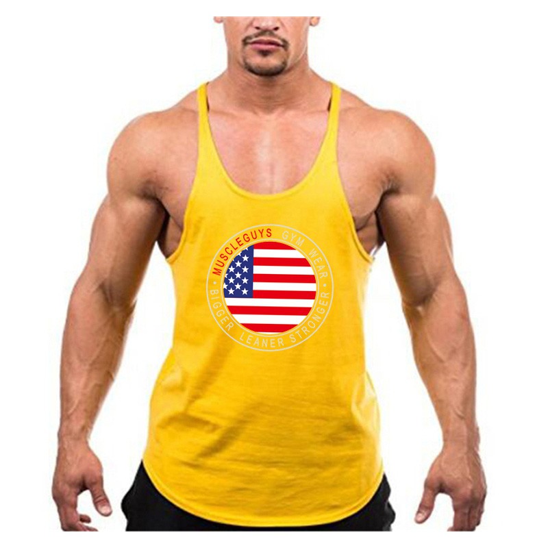 Gym Vest Mens Loose Singlet Usa American Flag Printed Spaghetti Tank Tops Vest
