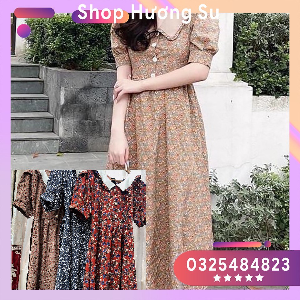 [Mã WASTCOOL giảm 15% tối đa 50K đơn 99K] váy Liền Thân Tay Bồng Dáng Xòe Vintage Hoa cổ sen vuông-HươngSu