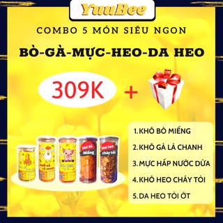 Combo 5 món đồ ăn vặt đóng hộp YUUBEE (khô heo cháy tỏi, khô gà lá chanh, khô bò miếng, da heo tỏi ớt, mực hấp nước dừa)