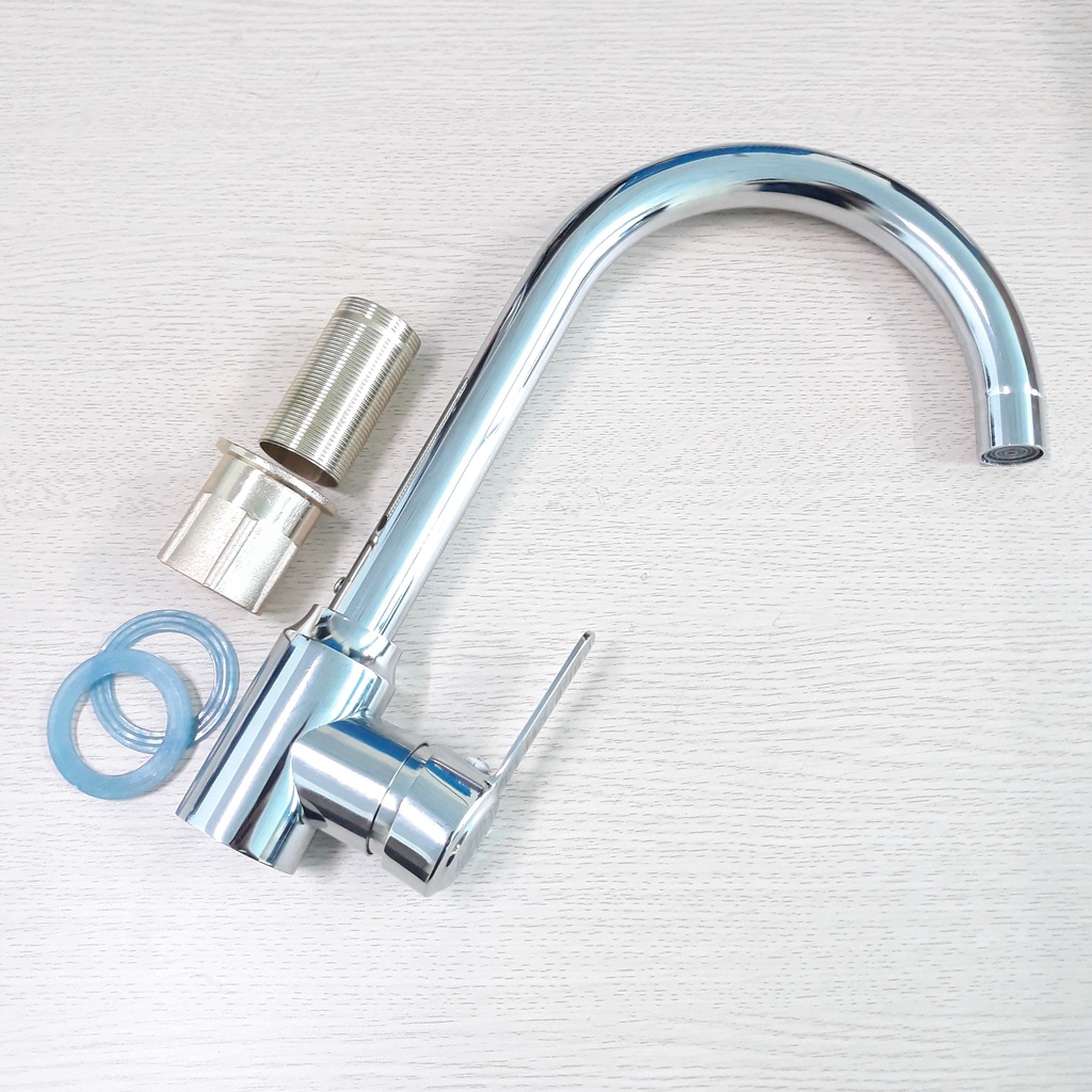 Vòi Rửa Chén Bát Nóng Lạnh Inox 304 Cổ Bi Thân Cứng Mạ Màu Bạc Với Cần Gạt Dẹt, Đầu Vòi Tạo Bọt, Chống Giọt Bắn Cao Cấp