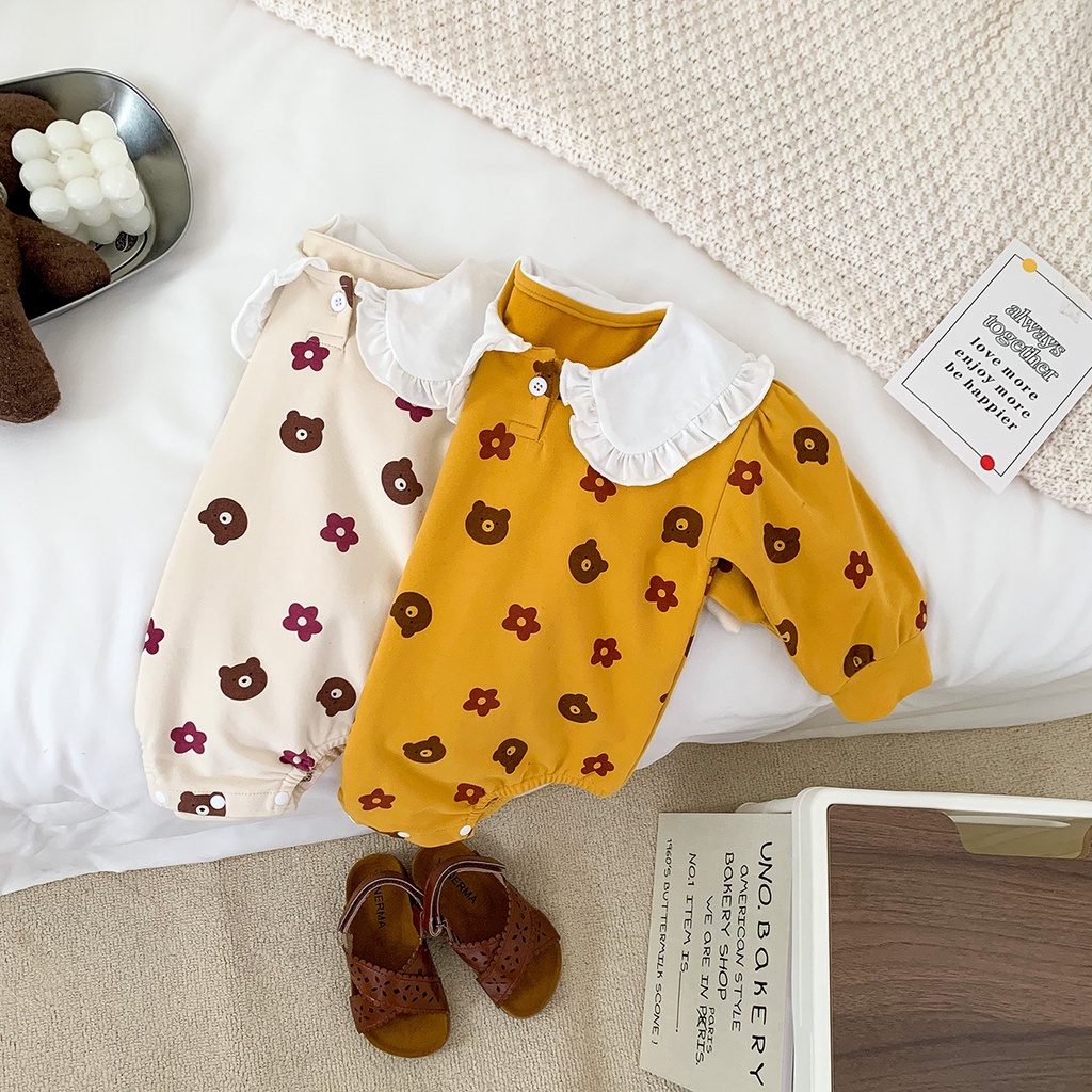 Bộ áo liền quần tay dài cổ búp bê in hoa gấu dễ thương cho bé gái