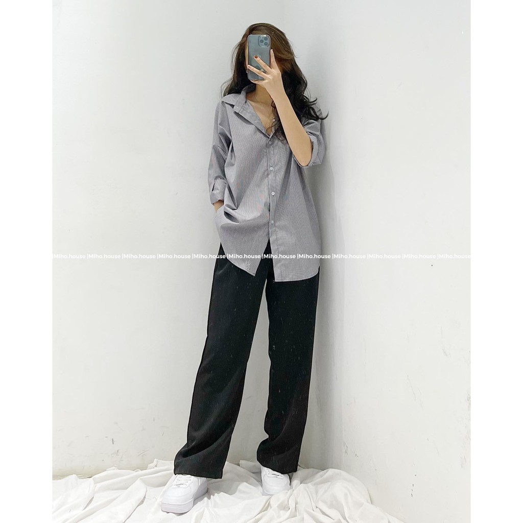 Áo sơ mi kẻ sọc xanh nhỏ, chất thô đứng form- Miho house