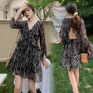 Đầm Chiffon Cổ Chữ V Họa Tiết In Thiết Kế Hở Lưng Quyến Rũ Thanh Lịch Cho Nữ Váy