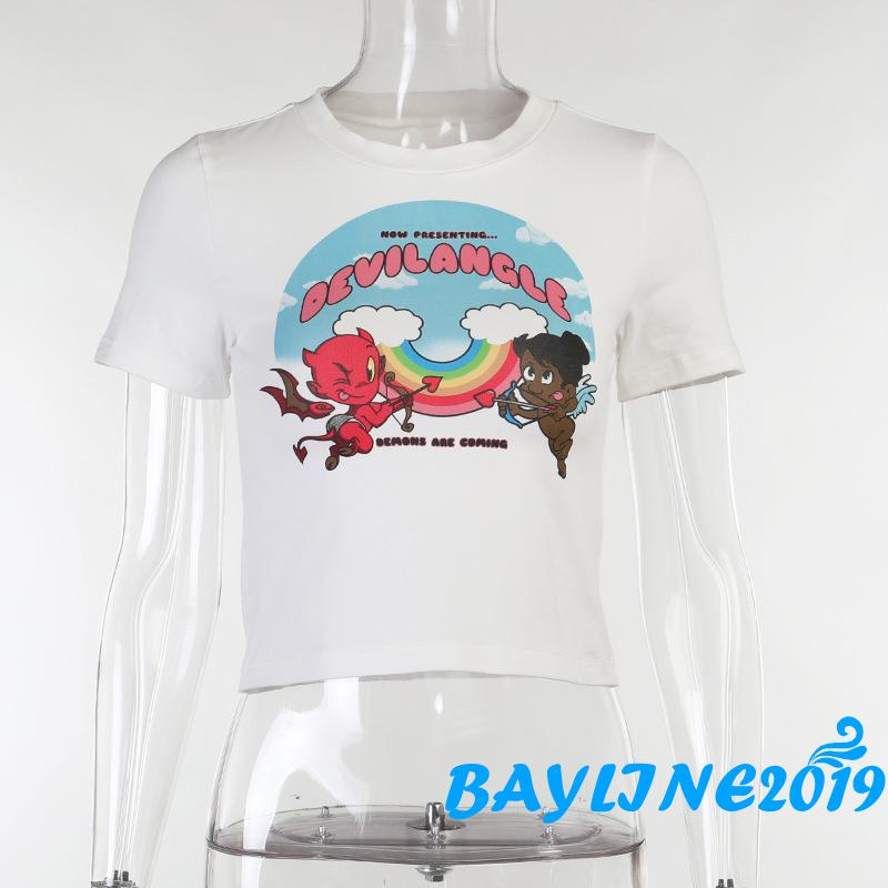 Áo thun dáng lửng ngắn tay in hình thiên thần và ác quỷ thời trang sành điệu dành cho nữ